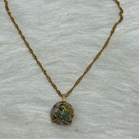 Vintage Cloisonne Gold Plated Caged Floral Design Necklace - Picture 8 of 13